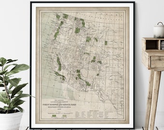 1900 US Forest Reserve & National Park Map Print - Vintage Map Art, Antique Map, Old Map Poster, Western United States, Park Ranger Gift