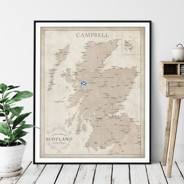 Impression personnalisée de carte de nom de famille Écosse - Cadeau écossais personnalisé, carte vintage, nom de famille, affiche généalogique, art mural du clan Sept