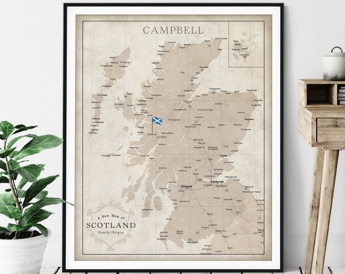 Personalized Scotland Last Name Map Print - Custom Scottish Gift, Vintage Map Art, Family Surname, Genealogy Poster,  Clan Sept Wall Art