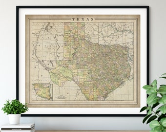 1897 Texas Map Print, Vintage Map Art, Antique Map, Old Map, Texas Wall Art, Texas Art, Texas Print, Texas Gift, Texas County Map, State Map