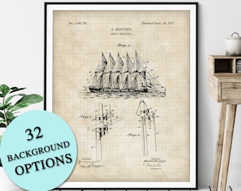 Ships Rigging Patent Print - Customizable Nautical Blueprint, Sailboat Plan, Sailor Gift, Sailing Poster, Coastal Art, Maritime Wall Decor