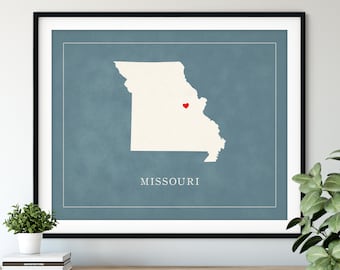 Custom Missouri Map Art - Heart Over ANY City - Customized State Map Silhouette, Personalized Gift, Hometown Love Print, Travel Heart Map