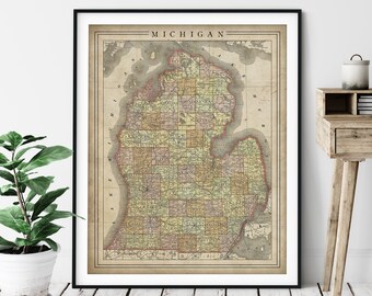 1897 Michigan Map Print, Vintage Map Art, Antique Map, Old Map, County Map Wall Art, State Map, Michigan Art, Michigan Print, Housewarming