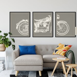 Motorcycle Print Set, Motorcycle Panel Art, Panel Wall Art, Motorcycle Art, Man Cave Wall Decor, Large Wall Art, Gifts for Him, Office Art 1. Light Gray