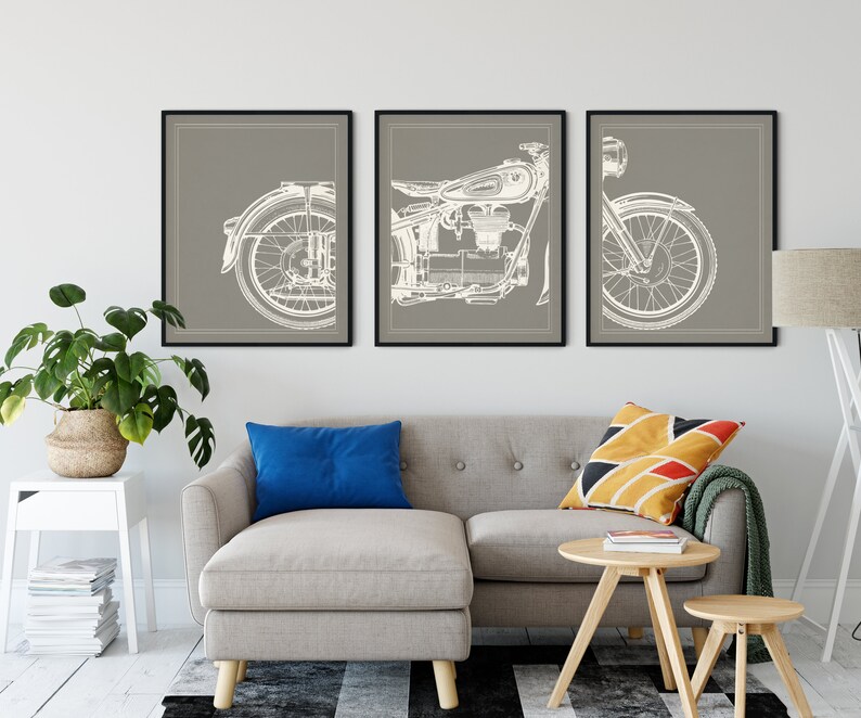 Motorcycle Print Set, Motorcycle Panel Art, Panel Wall Art, Motorcycle Art, Man Cave Wall Decor, Large Wall Art, Gifts for Him, Office Art 1. Light Gray