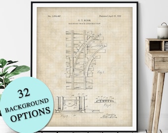 Railroad Tracks Patent Print - Customizable Train Track Blueprint Plan, Train Lover Gift, Locomotive Poster, Railway Art, Train Buff Railfan