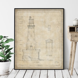 Rock of Ages Lighthouse Elevation Print: Michigan Coast Guard Architectural Blueprint Art