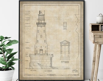 Rock of Ages Lighthouse Elevation Print - Coast Guard Lighthouse Art, Architectural Drawing, Nautical Wall Decor, Coastal Print, Isle Royale
