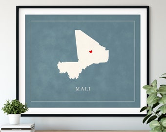 Custom Mali Map Art - Heart Over ANY City - Customized Country Map Silhouette, Personalized Gift, Hometown Love Print, Travel Heart Map
