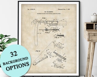 Barber Straight Razor Blade Patent Print - Customizable Barber Shop Blueprint Plan, Barber Gift, Barbering Art Poster, Shaving Wall Decor