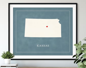 Custom Kansas Map Art - Heart Over ANY City - Customized State Map Silhouette, Personalized Gift, Hometown Love Print, Travel Heart Map