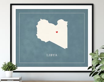 Custom Libya Map Art, Heart Over ANY City, Customized Country Map Silhouette, Personalized Gift, Hometown Love Print, Travel Heart Map Decor