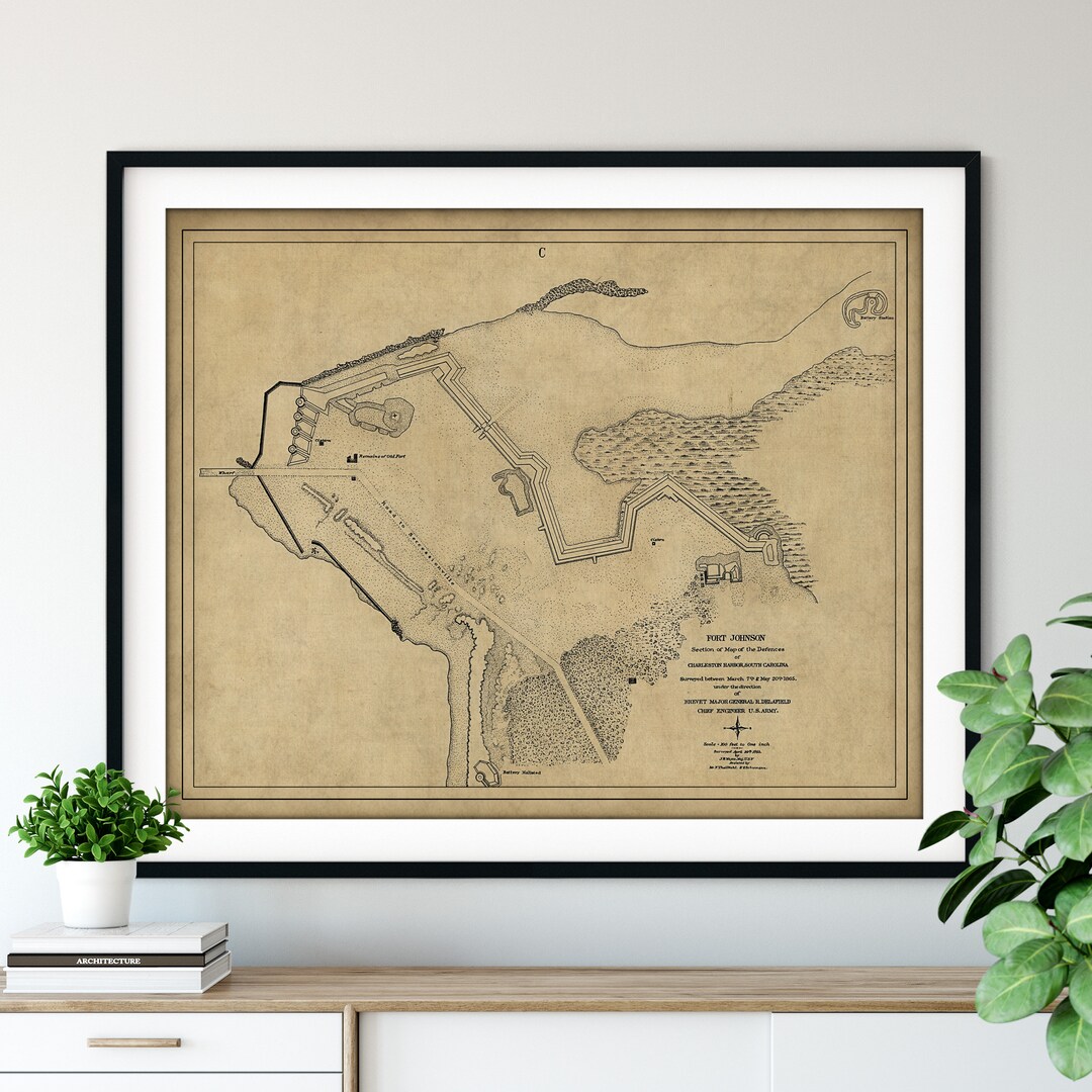 1865 Fort Johnson Map Print: Vintage Charleston Harbor SC Civil War Art ...