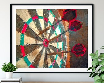 Darts Print - "Bullseye" - Dart Player Gift, Oil Painting Poster, Dart Board Wall Decor, Bar Artwork, Game Room Wall Art, Home Office Art