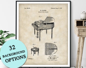 Piano Patent Print - Customizable Pianist Blueprint, Piano Player Gift, Baby Grand Piano Poster, Classical Music Room Wall Art, Music Studio
