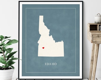 Custom Idaho Map Art - Heart Over ANY City - Customized State Map Silhouette, Personalized Gift, Hometown Love Print, Travel Heart Map