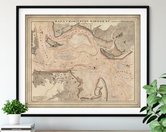 1860 Charleston Harbor, SC Map Print - Vintage Map Art, Antique Map, Old Map Poster, Atlas Wall Art, James Island, Lighthouse Island, Hog