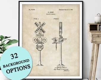 Railroad Crossing Traffic Signal Patent Print - Customizable Train Track Blueprint Plan, Train Lover Gift, Locomotive Poster, Railway Art