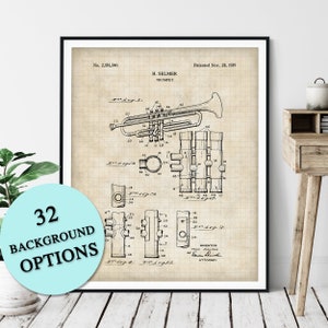 Trumpet Patent Print - Customizable Blueprint Plan, Trumpeter Gift, Trumpet Player Poster, Jazz Music Room Wall Art, Music Studio Decor