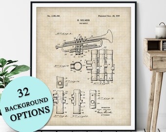 Trumpet Patent Print - Customizable Blueprint Plan, Trumpeter Gift, Trumpet Player Poster, Jazz Music Room Wall Art, Music Studio Decor