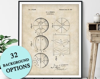 Basketball Patent Print - Customizable Basketball Blueprint Plan, Basketball Player Gift, Home Gym Wall Decor, Antique Game Room Art Poster