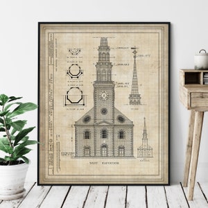 First Presbyterian Church Elevation Print - Historic Landmark Blueprint, Architecture Plan, Architectural Drawing, Church Art, Church Print