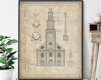 First Presbyterian Church Elevation Print - Historic Landmark Blueprint, Architecture Plan, Architectural Drawing, Church Art, Church Print