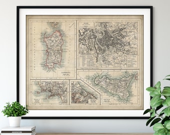 1906 Sardinia Map Print - Vintage Rome Map Art, Antique Map, Old Map Poster, Sicily Wall Art, San Marco, Naples Italy, Sicilia, Salerno