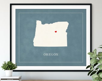 Custom Oregon Map Art - Heart Over ANY City - Customized State Map Silhouette, Personalized Gift, Hometown Love Print, Travel Heart Map