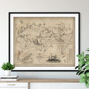 Impression carte du monde 1850 - art de la carte vintage, art mural carte ancienne, affiche de carte ancienne, cadeau de voile, carte marine, océan Pacifique