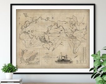 Impression carte du monde 1850 - art de la carte vintage, art mural carte ancienne, affiche de carte ancienne, cadeau de voile, carte marine, océan Pacifique