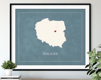 Custom Poland Map Art - Heart Over ANY City - Customized Country Map Silhouette, Personalized Gift, Hometown Love Print Travel Heart Map