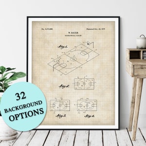 Basketball Court Patent Print - Customizable Basketball Blueprint Plan, Basketball Player Gift, Home Gym Wall Decor, Antique Game Room Art