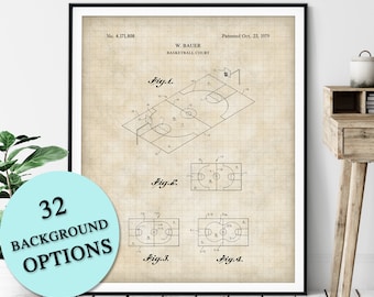 Basketball Court Patent Print - Customizable Basketball Blueprint Plan, Basketball Player Gift, Home Gym Wall Decor, Antique Game Room Art