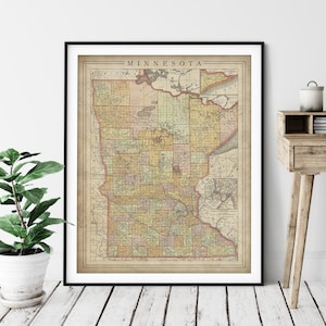 1897 Minnesota Map Print, vintage Map Art, Antique Map, Old Map, County Map Wall Art, State Map, Minnesota Art, Minnesota Print, Gift