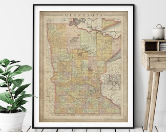 1897 Minnesota Map Print, Vintage Map Art, Antique Map, Old Map, County Map Wall Art, State Map, Minnesota Art, Minnesota Print, Gift