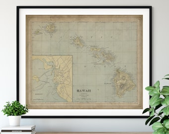 1901 Hawaii Map Print, Vintage Map Art, Antique Map, Old Map, Hawaiian Islands, Oahu Map, Maui Map, Big Island, Kauai Map, Molokai, HI Gift