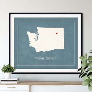 Art de carte personnalisé de Washington, coeur au-dessus de n'importe quelle ville, silhouette de carte d'état personnalisée, cadeau personnalisé, ville natale amour impression voyage carte coeur