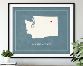Custom Washington Map Art, Heart Over ANY City, Customized State Map Silhouette, Personalized Gift, Hometown Love Print Travel Heart Map