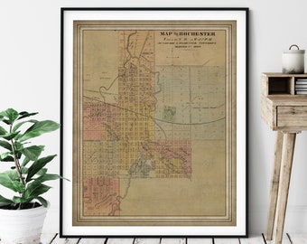 1874 Rochester Minnesota Map Print, Vintage Rochester Map Art, Antique Rochester MN Map, Rochester Art, Old Map, Living Room Art, Office