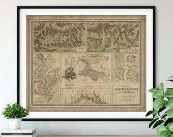 1854 Alps Glacier Map Print, Vintage Map Art, Antique Map, Old Map, Alps Map, Mont Blanc Glacier Illustration, Science Gifts, Topography Map