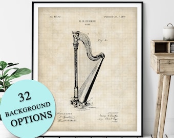 Harp Patent Print - Customizable Blueprint Plan, Harpist Gift, Harp Player Poster, Classical Music Room Wall Art, Music Studio Decor, Harper