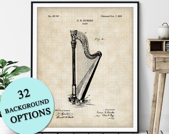 Harp Patent Print - Customizable Blueprint Plan, Harpist Gift, Harp Player Poster, Classical Music Room Wall Art, Music Studio Decor, Harper