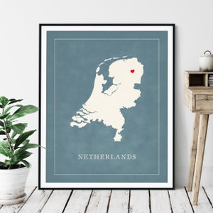 Custom Netherlands Map Art - Heart Over ANY City, Customized Country Map Silhouette, Personalized Gift, Hometown Love Print Travel Heart Map