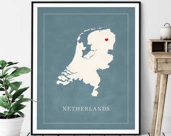 Custom Netherlands Map Art - Heart Over ANY City, Customized Country Map Silhouette, Personalized Gift, Hometown Love Print Travel Heart Map