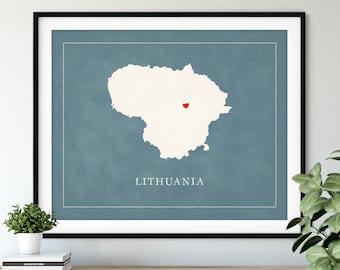 Custom Lithuania Map Art - Heart Over ANY City - Customized Country Map Silhouette, Personalized Gift, Hometown Love Print, Travel Heart Map