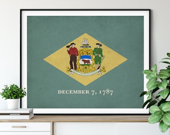 Delaware Flag Art, Delaware Flag Print, Vintage State Flag Poster, Flag Painting, Modern Living Room Art, Delaware Gift, Office Wall Art