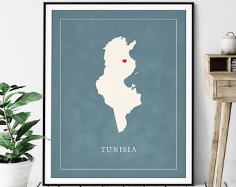 Custom Tunisia Map Art - Heart Over ANY City - Customized Country Map Silhouette, Personalized Gift, Hometown Love Print, Travel Heart Map