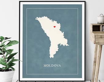 Custom Moldova Map Art - Heart Over ANY City - Customized Country Map Silhouette, Personalized Gift, Hometown Love Print, Travel Heart Map