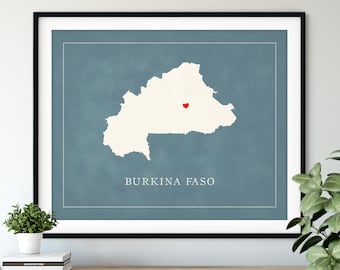 Custom Burkina Faso Map Art, Heart Over ANY City, Customized Country Map Silhouette, Personalized Gift, Hometown Love Print Travel Heart Map